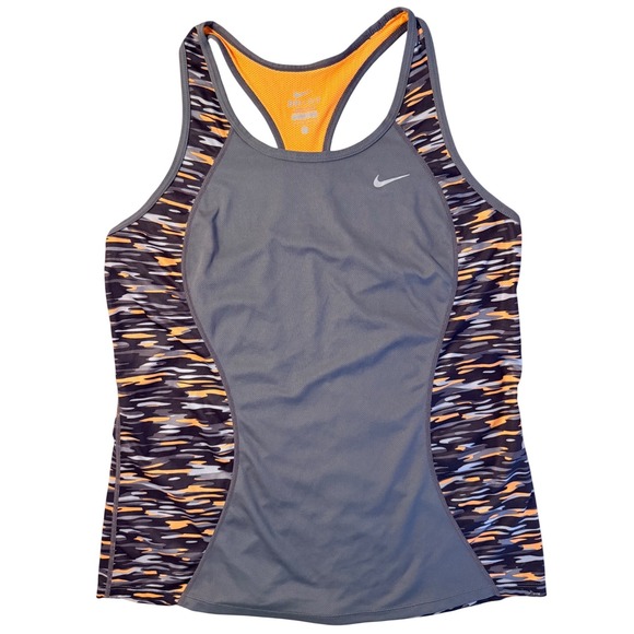 Nike Tops - Nike Dri-FIT Women L Racerback Tank Top Gray Orange Camo Running Sporty Athlete